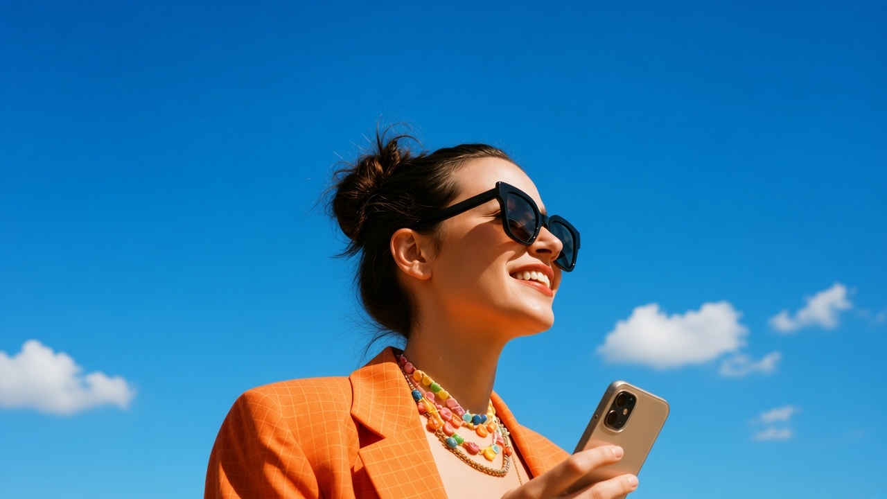 A woman in sunglasses smiling at her phone against a bright blue sky